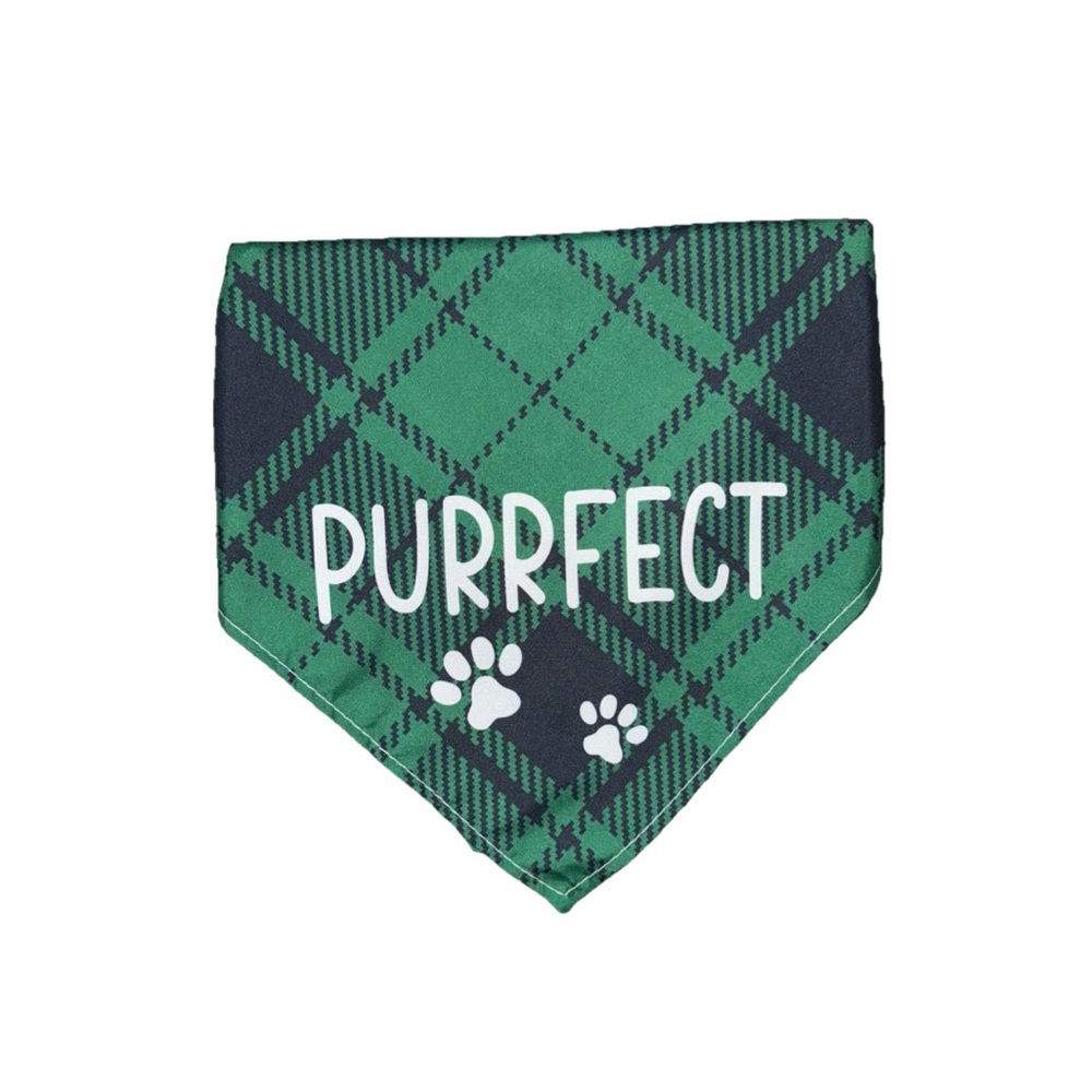 Pet Bandana Green Plaid with Caption "Purrfect" OS